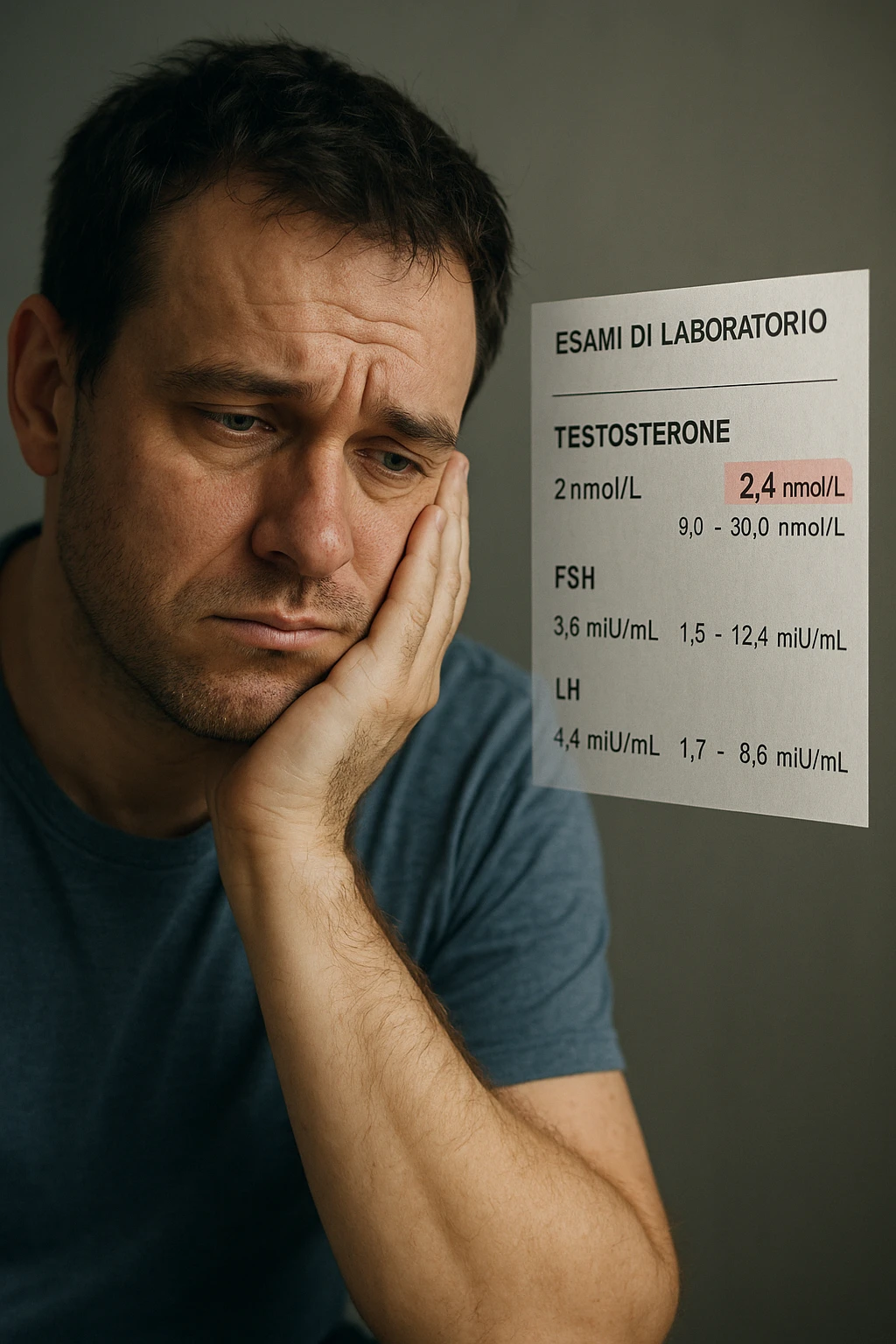 Un uomo caucasico di 35-45 anni, in CGI fotorealistico, che mostra i segni fisici ed emotivi di un basso livello di testosterone. aggiungere un referto medico semi-trasparente fluttuante accanto a lui, con valori di testosterone evidenziati in rosso. in italiano emoji