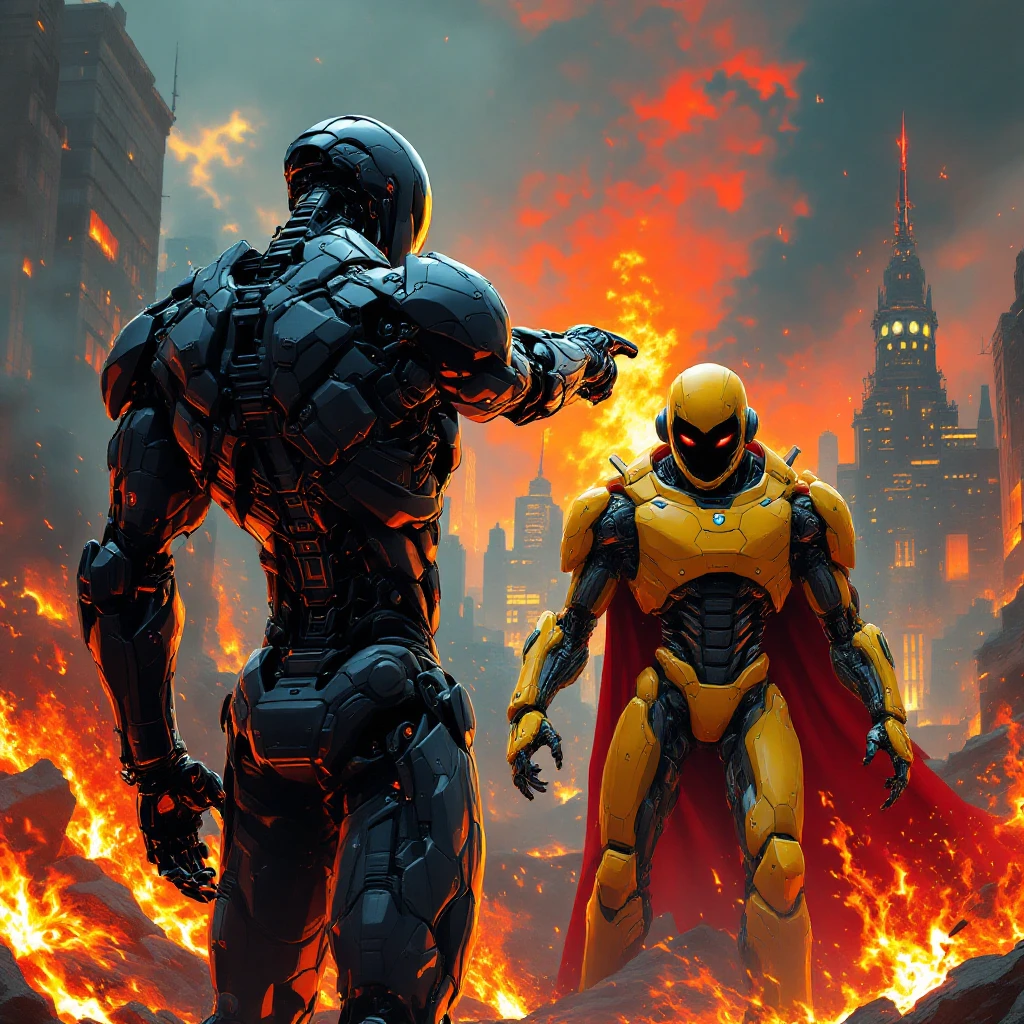 muscular NARC robot seen from the back, pointing into the distance, with a yellow crash test dummy robot and a menacing, devilish figure in a fiery, apocalyptic city background, bold detailed dynamic look, Flux Pro style emoji