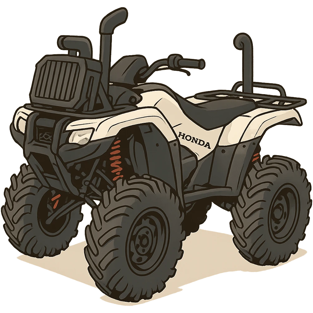 Honda 4 wheeler with white plastics, radiator relocate kit, tall snorkel, lifted, big tires, cartoon style emoji