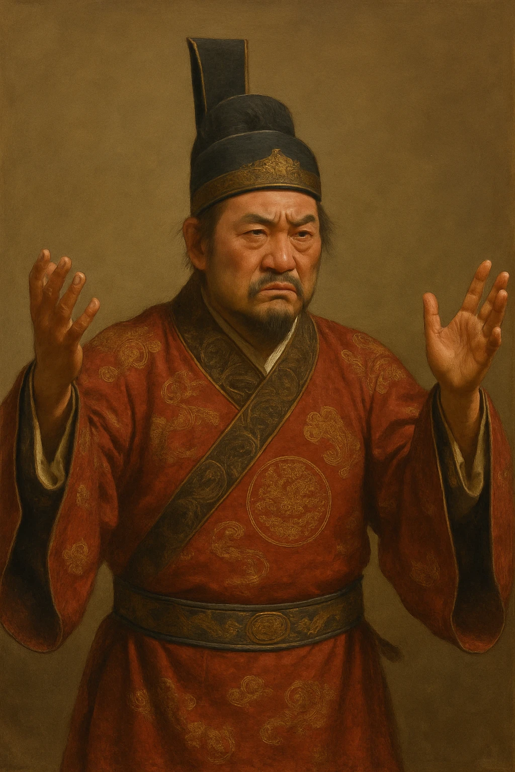 Сгенерируй азиата в национальном средневековым китайском костюме, он чуть недоволен и размахивает руками, в стиле реалистичной живописи. ОН ПОЛНОСТЬЮ ПОМЕЩАЕТСЯ НА ИЗОБРАЖЕНИЯ И НЕ ОБРЕЗАЕТСЯ ЕГО КРАЯМИ. На однородном фоне emoji
