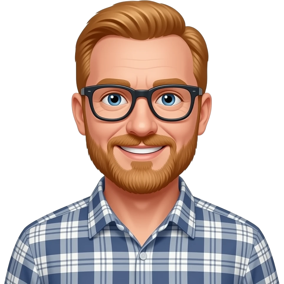 middle-aged white man with short ginger hair. blue eyes. beard. glasses. smiling. wearing a plaid collared shirt. emoji