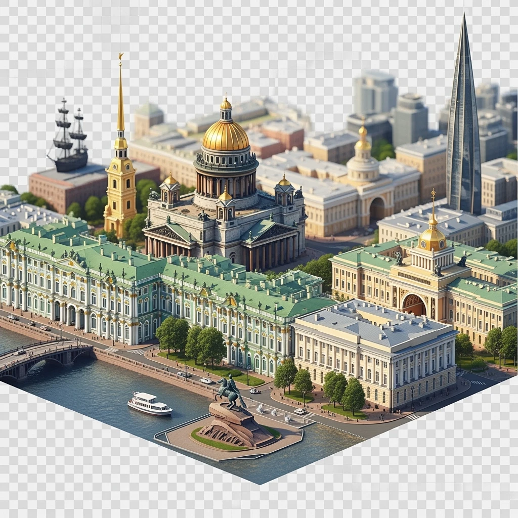 Изометрическая иллюстрация-модель фотореалистичного Санкт-Петербурга с акцентом на Исаакиевский собор, Зимний дворец, памятник Петру I, Адмиралтейство, здание Сената, башня Лахта-центр баланс между стилизацией и реализмом, эффект рисованной миниатюры Tift shift, прозрачный фон. emoji