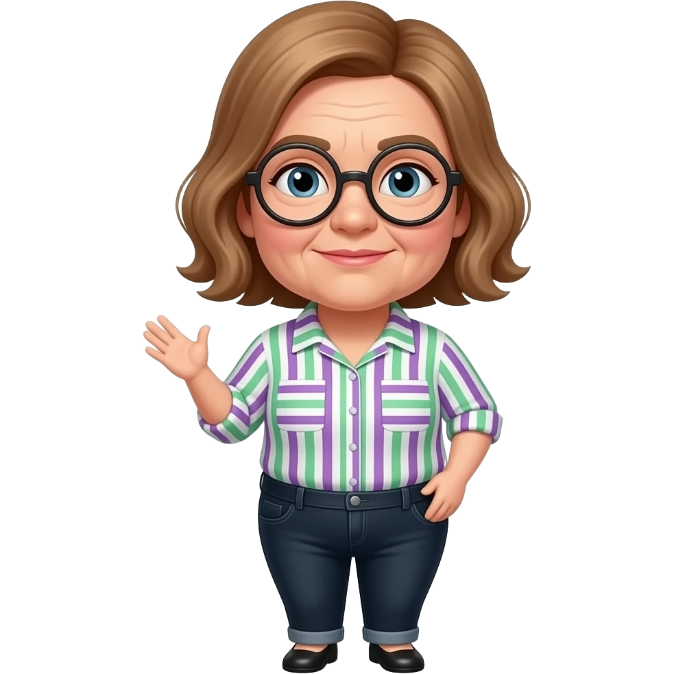 make miss Pevenage with light brown hair she is also a littel fat and she has a pair of rond glasses and she has a blouse with purple, green and white lines and black jeans and make the face thicker and make wrinkles emoji