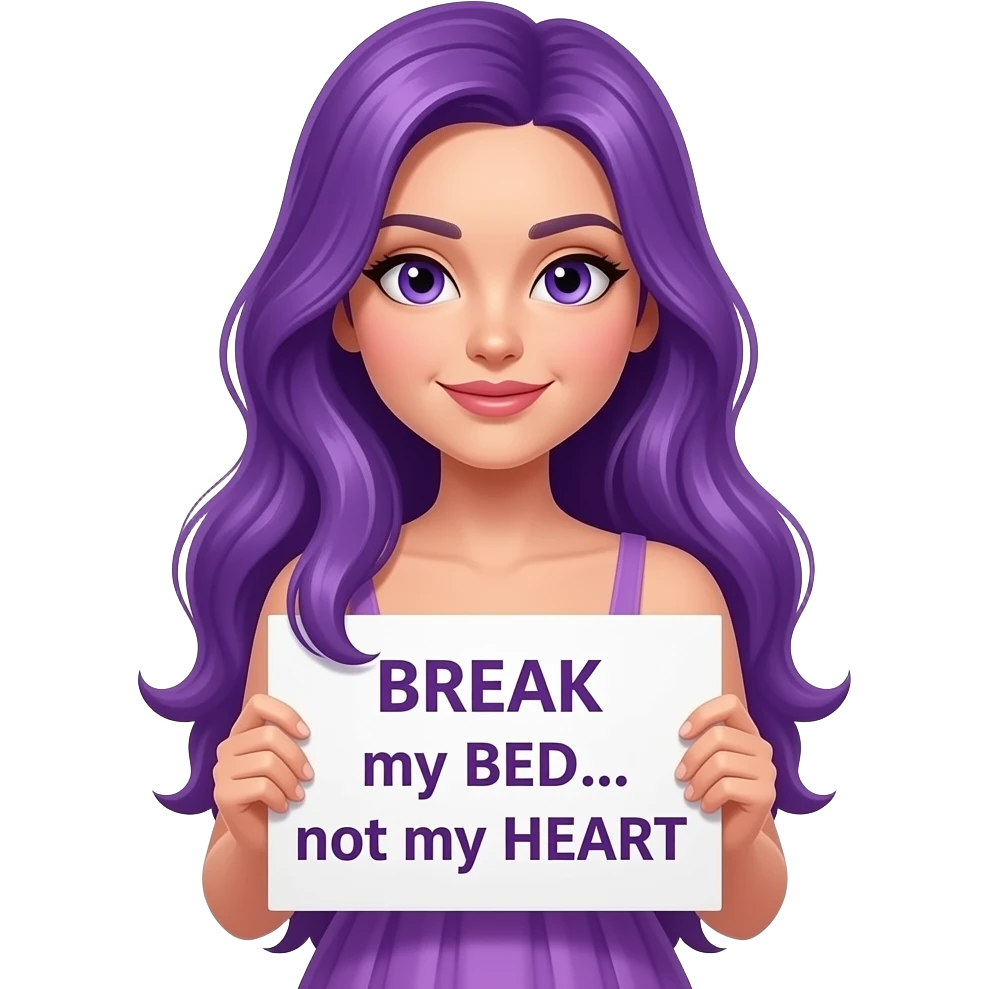 sexy girl with long purple hair and purple eyes wearing a dress holding a BREAK my BED... not my HEART sign emoji