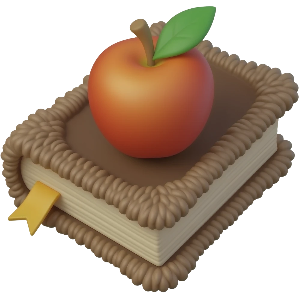 3D emoji-style magical book, viewed from the page edge (page block side), thick brown furry-covered book, soft fur texture on the cover edges, apple emoji style emoji