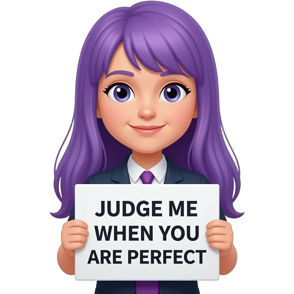 girl with long purple hair holding a JUDGE ME when you are perfect sign emoji