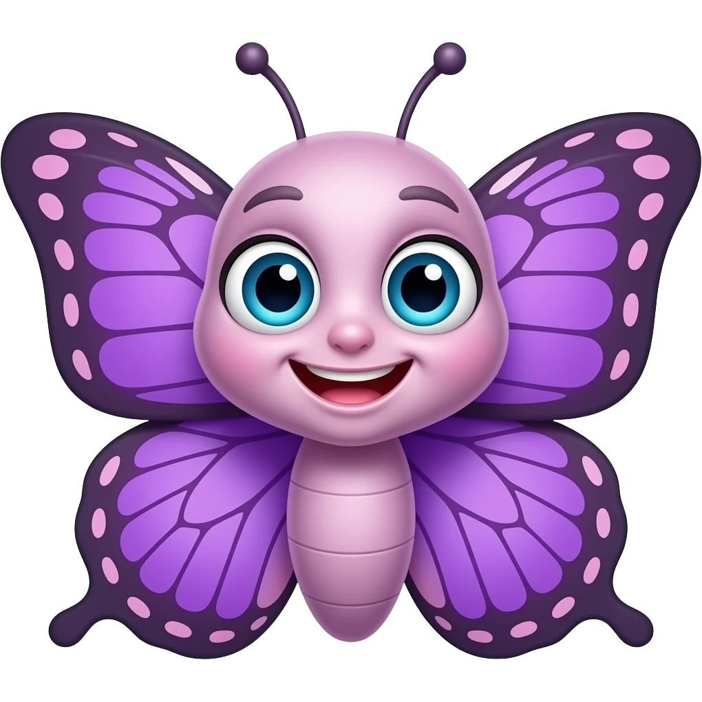 Милая озорная мордочка бабочки с фиолетовыми крыльями, радуется emoji
