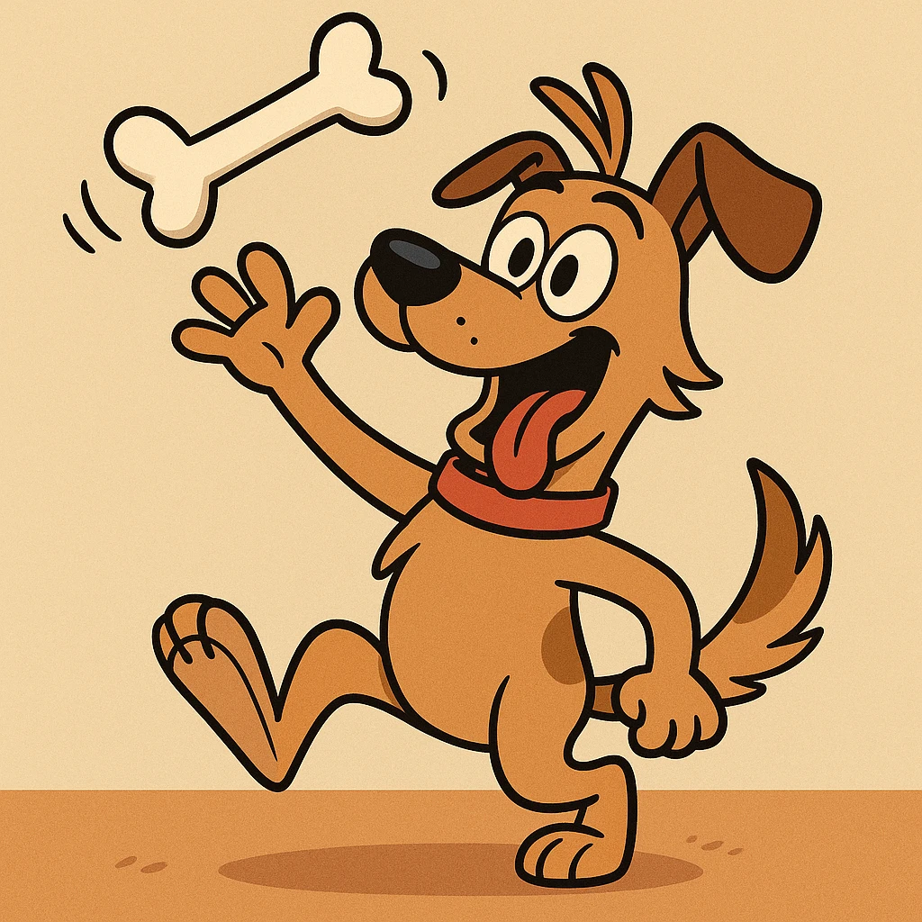 a cartoon dog tossing a bone, playful style, energetic and fun, vibrant colors emoji