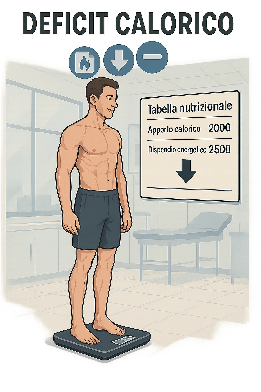 a man stands on a digital scale, looking at a nutrition chart that shows his daily calorie intake is lower than his energy expenditure. Floating icons above his head display a negative calorie balance, and his body appears slightly leaner, with visible muscle definition. The background is a modern clinic, emphasizing the concept of caloric deficit. scritto in italiano emoji