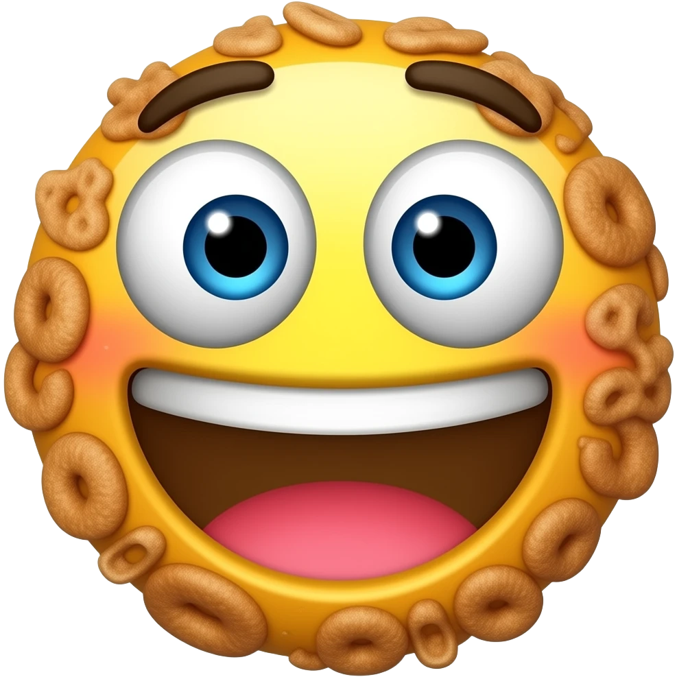 a chocolate cereal hoop with fun emoji eyes and open mouth emoji