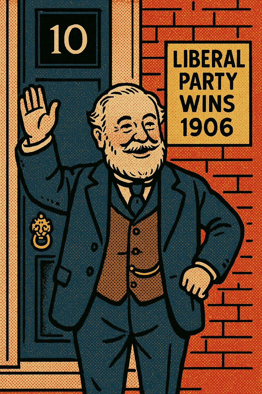 A happy Victorian politician who looks like Prime Minister Henry Campbell-Bannerman from the early 1900s standing in front of the black door or 10 Downing Street.  There is a sign on the wall saying 'Liberal Party Wins 1906'. emoji