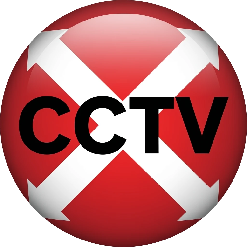 Red filled circle with white X and arrow on all end points on the X white circle in the middle. Big bold CCTV word in the centre in black emoji