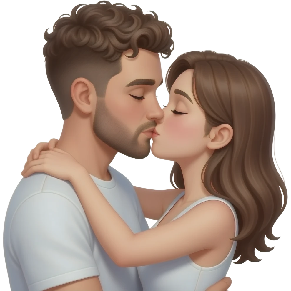 Realistic white man super short curly brown hair with beard kissing passionately and hugging realistic white girl brown hair HD emoji