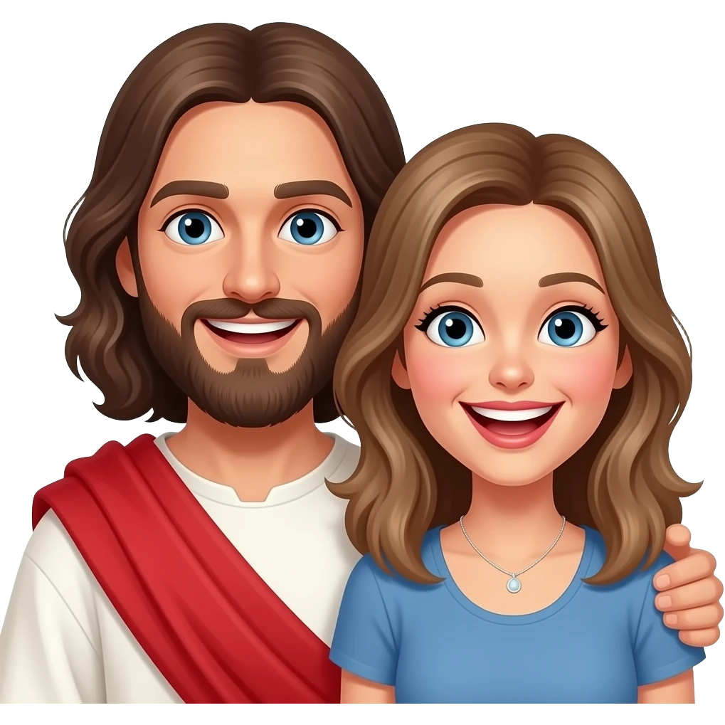 Jesus and a modern day woman with light brown hair making goofy silly faces together having fun emoji