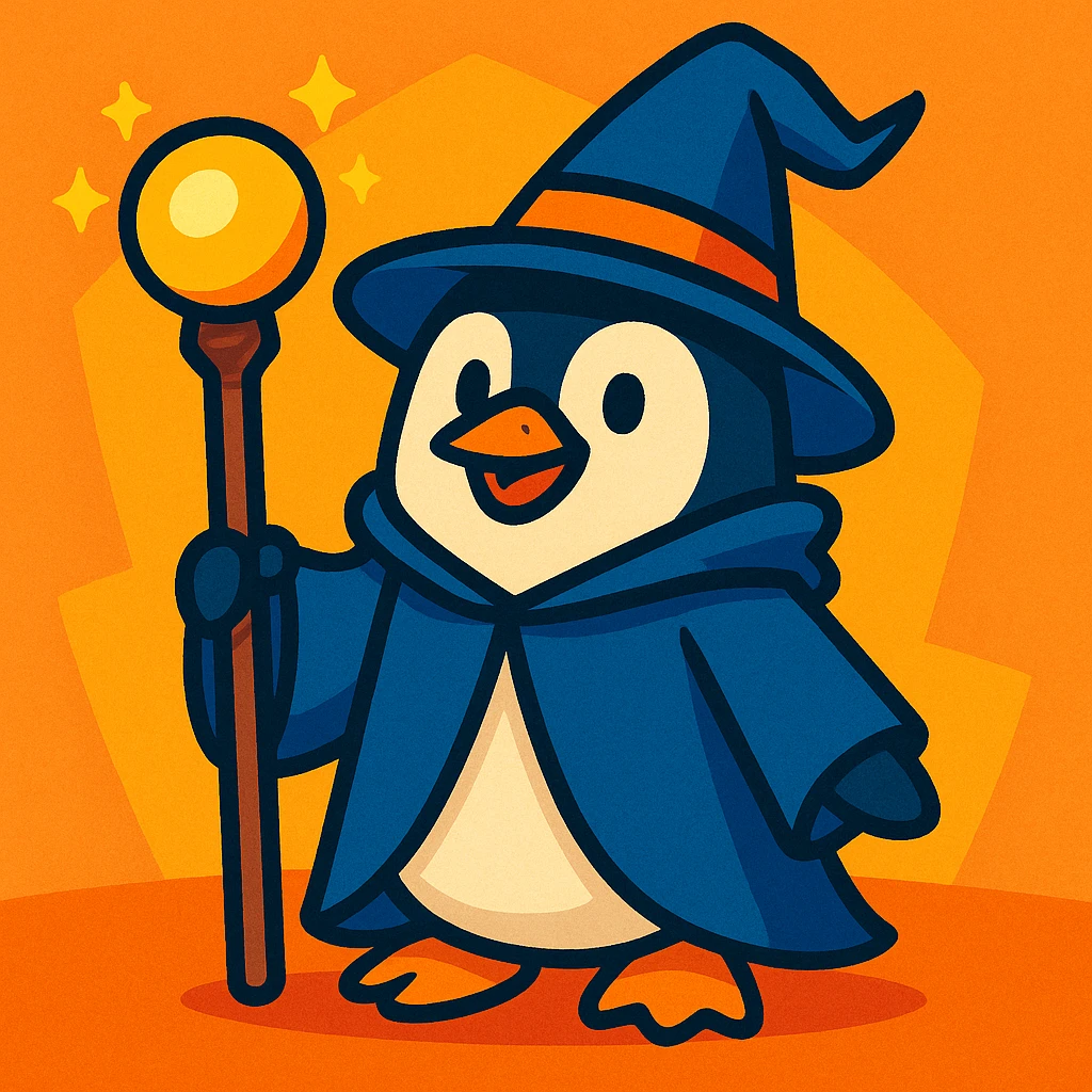a penguin dressed as a wizard, with a pointy hat and a magic staff, charming colorful style emoji