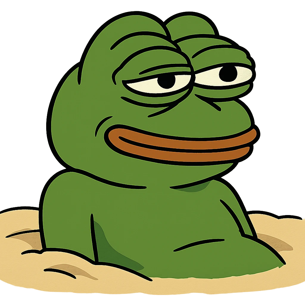 3D Pepe the Frog resting on the sand at the beach, transparent background, PNG emoji