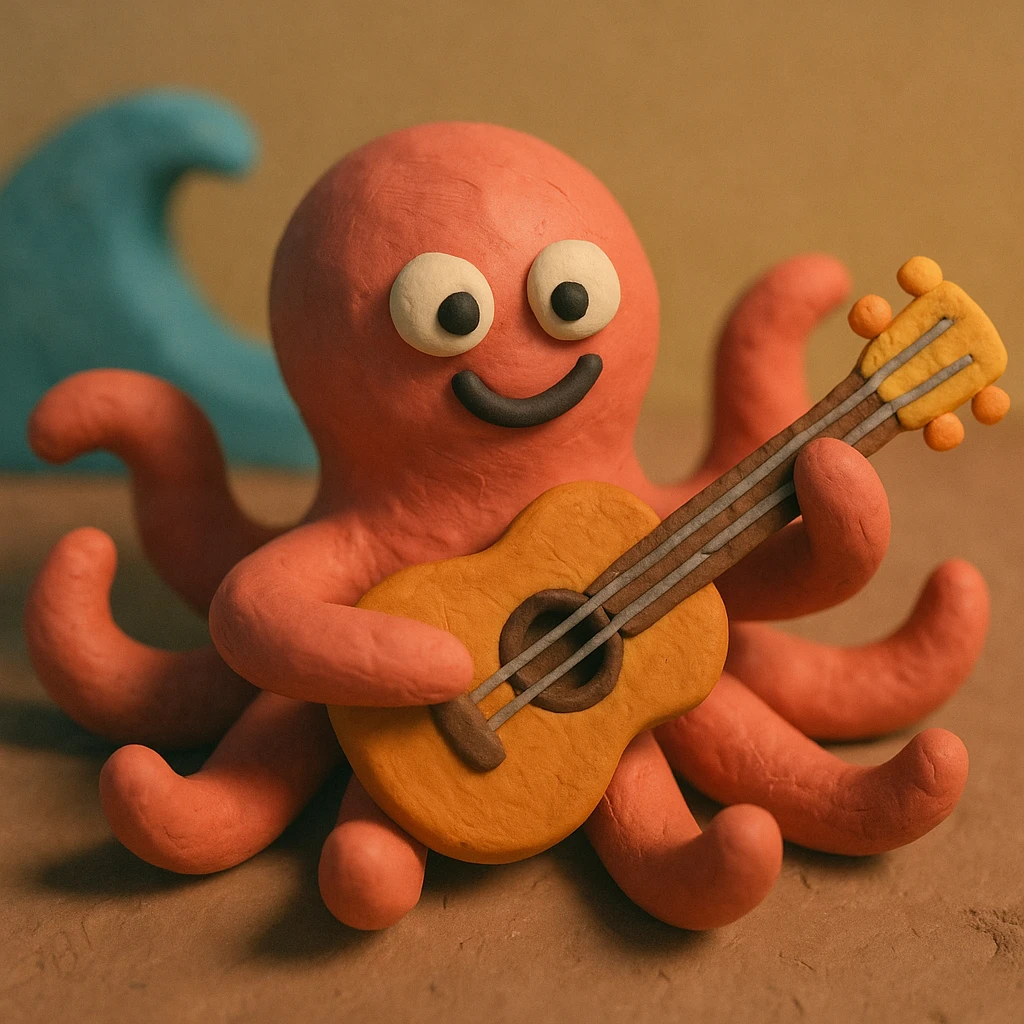 happy octopus with multiple arms playing guitar emoji
