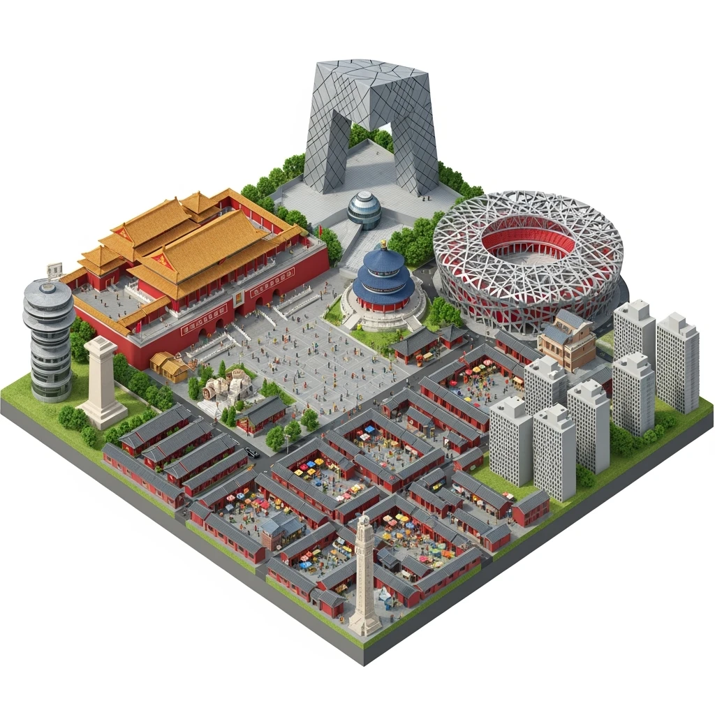 Isometric miniature of Beijing Forbidden City, Tiananmen Square, CCTV Headquarters, Temple of Heaven, Bird’s Nest Stadium and crowded hutong alleys, apartment blocks, 3D miniature effect and Tilt Shift effect, no cartoonish look, transparent background, don't cut angles emoji