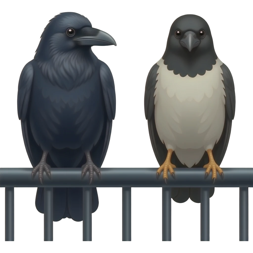 a hooded crow sitting on a black railing and a lesser hooded crow sitting on a black railing emoji