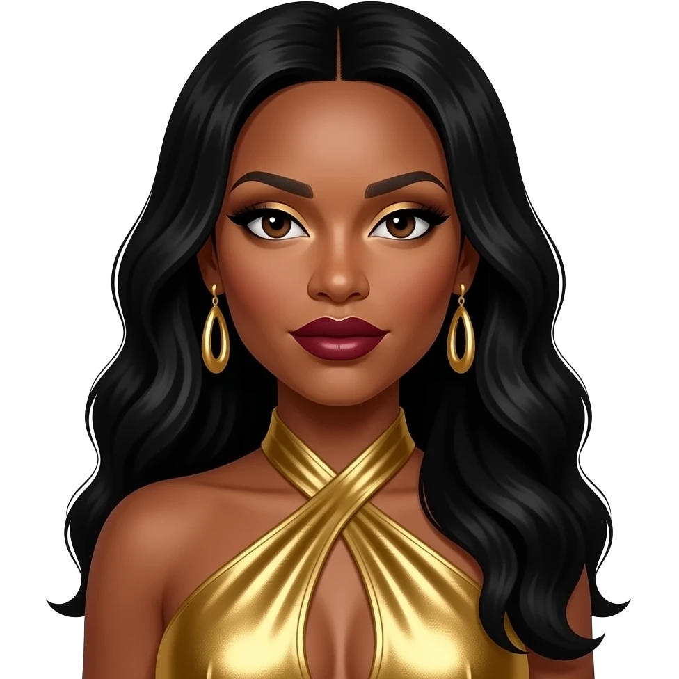 Tenitra Michelle Williams from Destiny's Child with dark brown eyes, long black hair, gold eyeshadow, dark red lipstick, gold metallic halter dress, gold earrings emoji