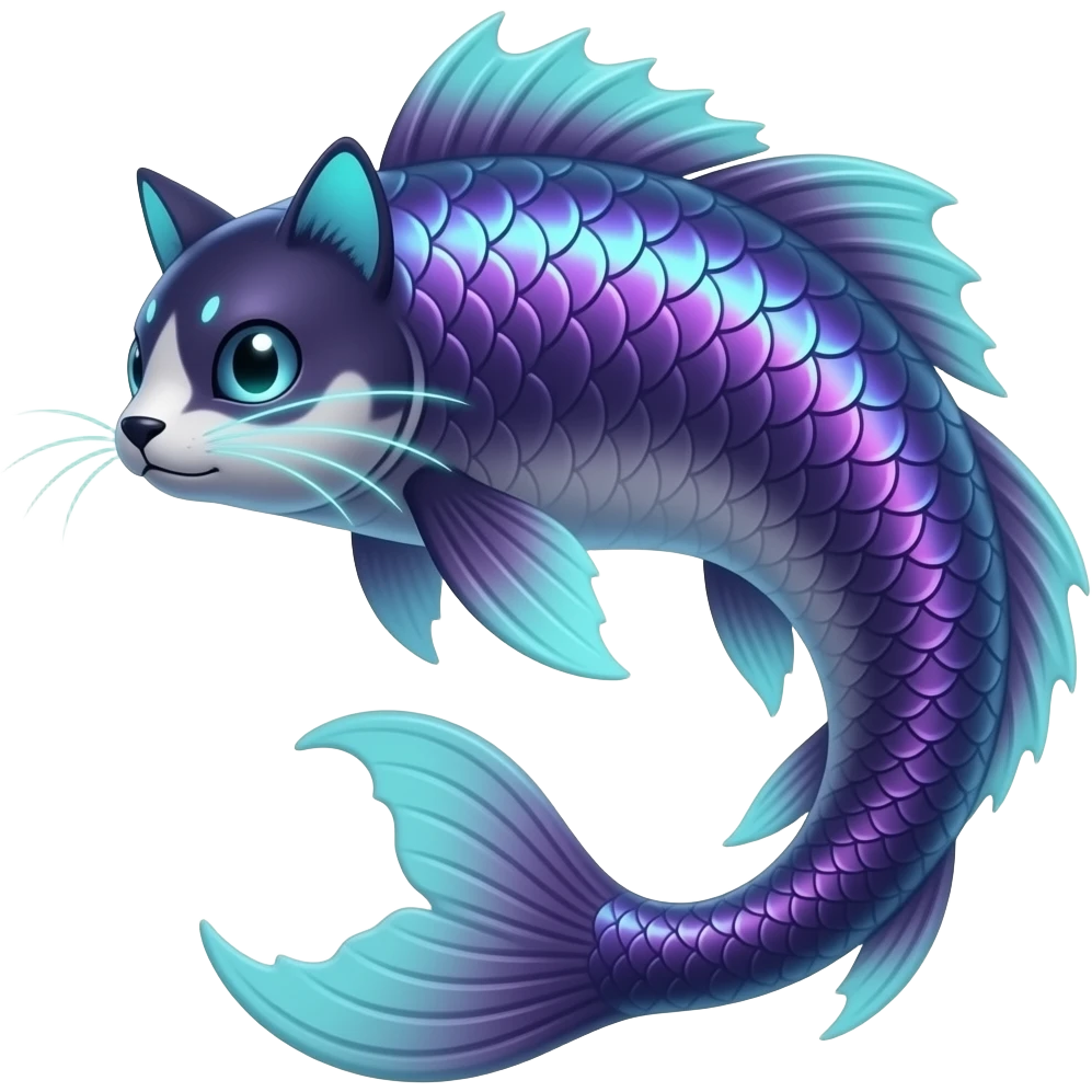 Long-bodied tall elegant iridescent-scaled slim smooth shiny glossy elegant mature bioluminescent oil-dark, purplish, neon-cyan-accented, fishy finned, abyss-fantasy-Lykoi-Bambino-Vaporeon-Umbreon-Civet-Fakémon-fusion, with thin neon-glowing bulb-whiskers, koi-piebald-flecked full body emoji