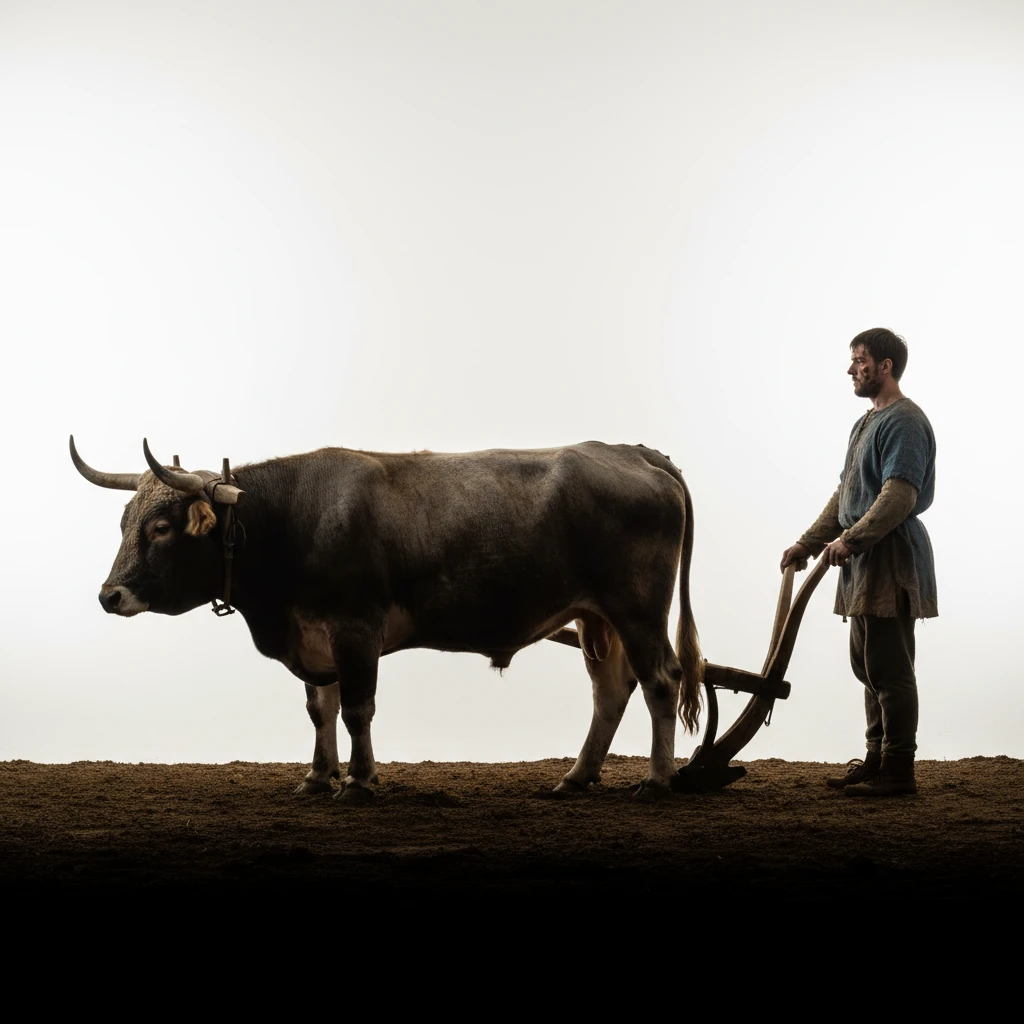 нарисуй строго в профиль средневекового мужчину с плугом и волами без фона emoji