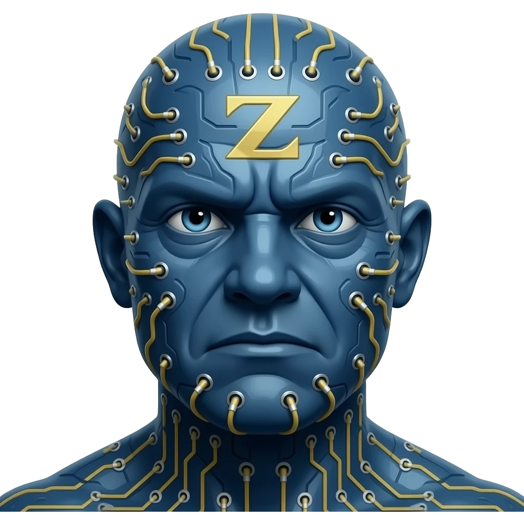 The image features a stylized prehistoric and frowning portrait of Blaze Bayley with dark blue skin covered in computer circuitry and small tubes emoji