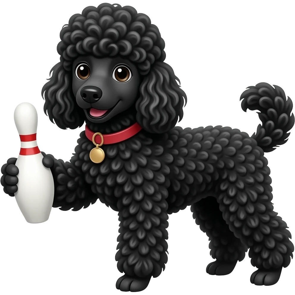 black poodle dog holding bowling pin emoji
