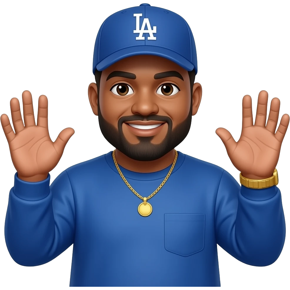 Chubby man with sand skin tone and lightly shaved black beard wearing a blue Los Angeles Dodgers logo baseball cap wearing a long sleeve blue shirt wearing a gold tennis necklace and a gold wrist watch with his hands up emoji