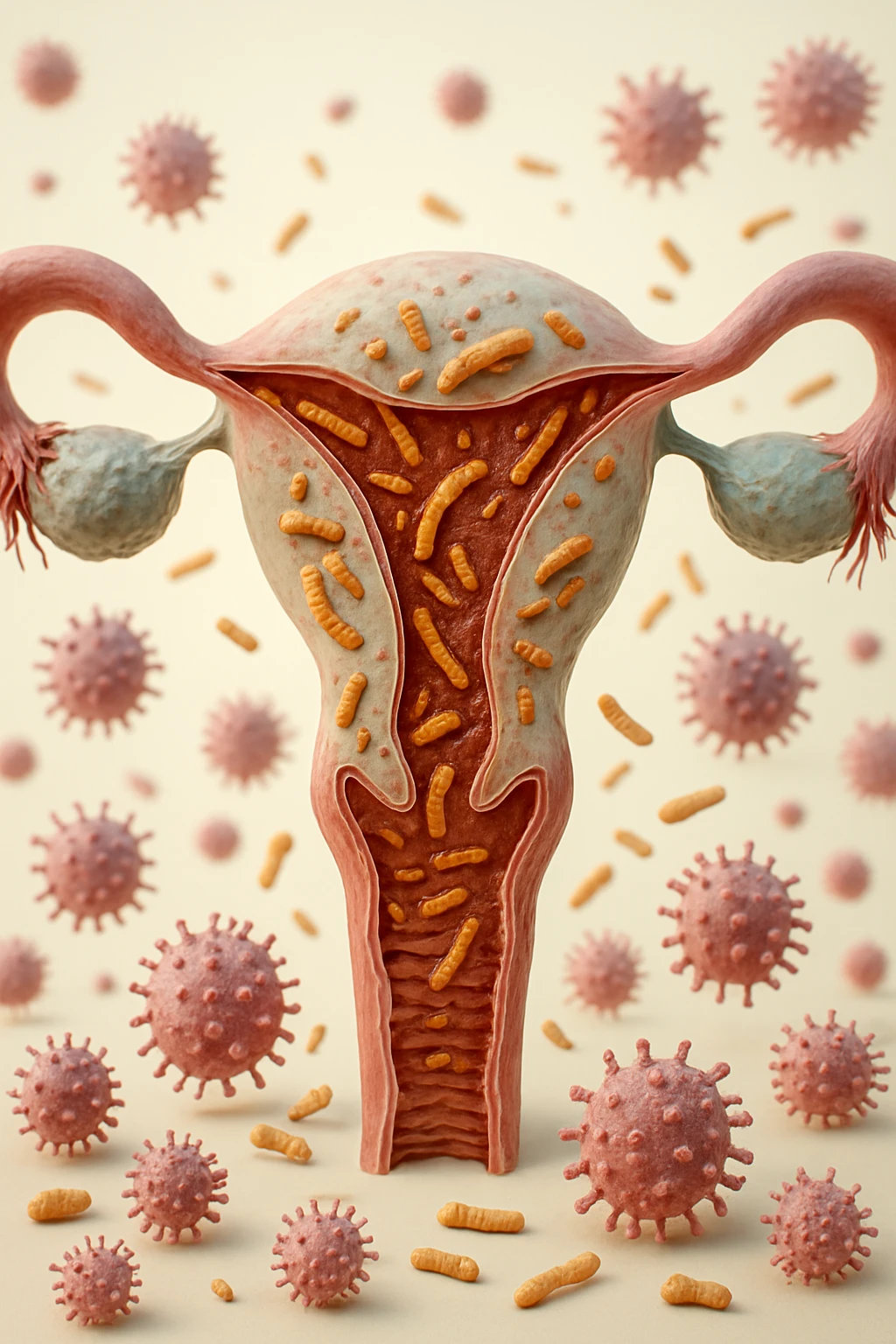 utero umano realistico con batteri della candida intorno, la foto si deve vedere per intero in formato verticale, sullo sfondo neutro chiaro ci sono batteri della candida, iperrealistico 4k emoji