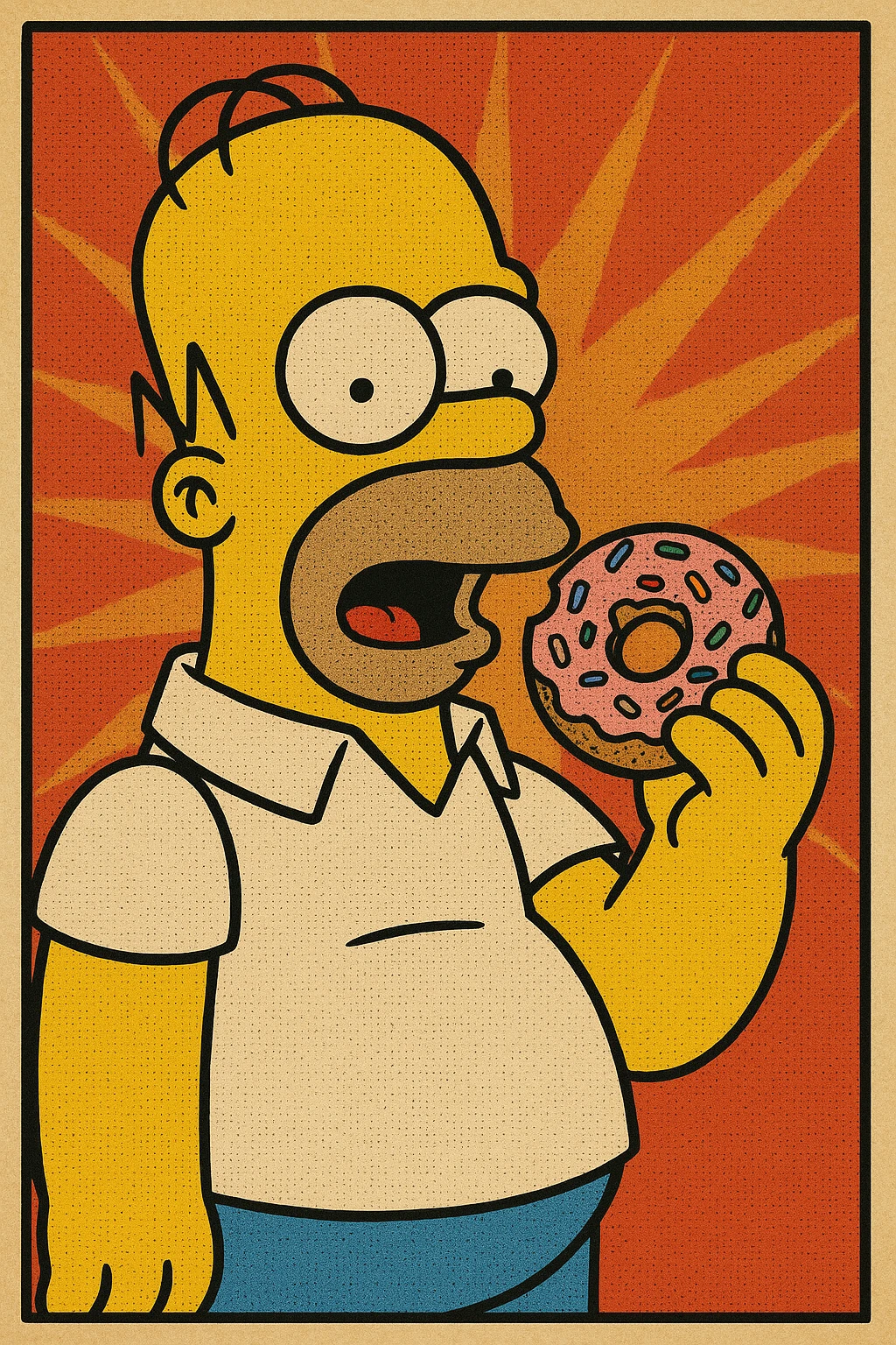 Homer Simpson classic cartoon style, yellow skin, white shirt, blue pants, bald with two hairs, eating a donut emoji