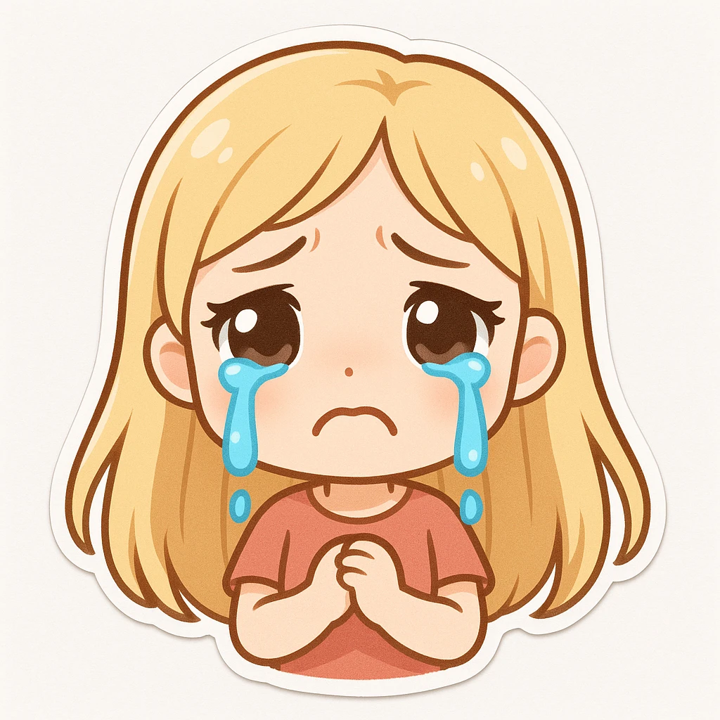 cute animated young girl with long blonde hair, fair skin, large sad eyes, cartoon blue tears streaming down her face, deeply upset, crying, frowning mouth, plain white background emoji