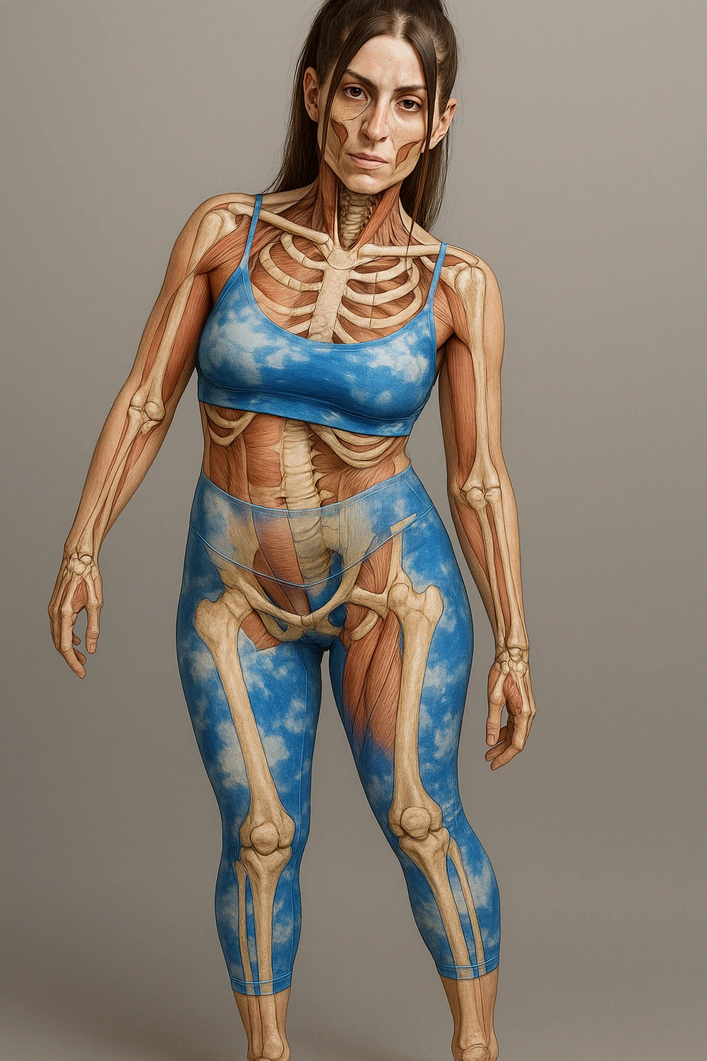 Donna in abbigliamento sportivo, postura asimmetrica, stile medico realistico, muscoli e ossa visibili, evidenzia la compressione delle coste sul lato corto, sfondo neutro, formato verticale. emoji
