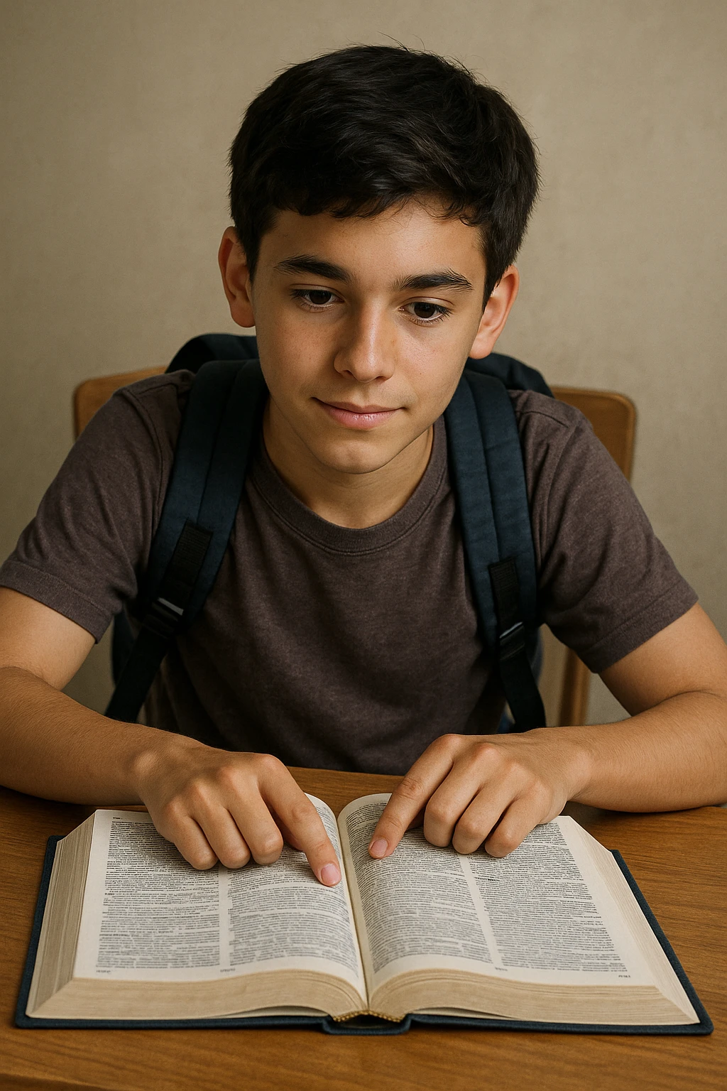 A student with a backpack, sitting at a desk, focused on an open English dictionary, hopeful expression, eager to improve, no speech bubbles or text emoji