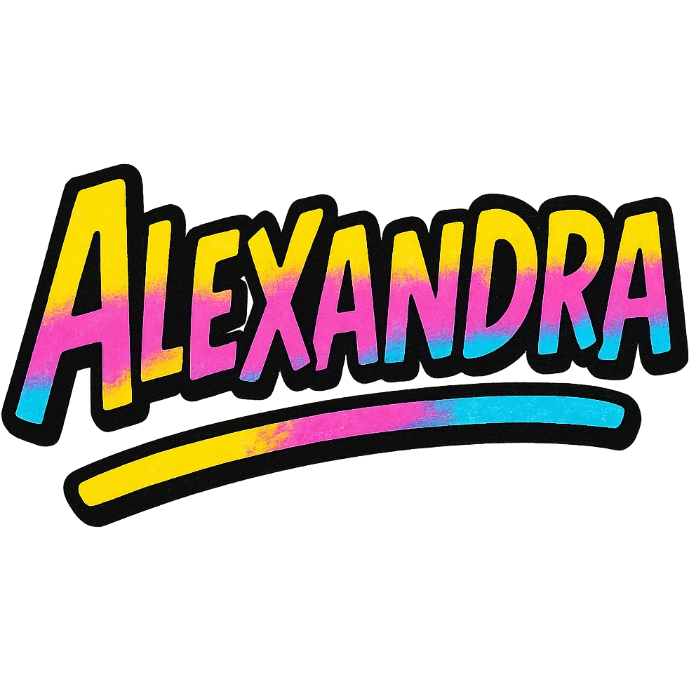 Alexandra name in modern colorful gradient font with dark outline, dynamic slanted or partial underline, transparent background, in the style of reference patterns emoji