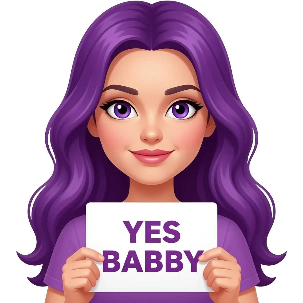 sexy girl with long purple hair and purple eyes holding a YES BABY sign emoji