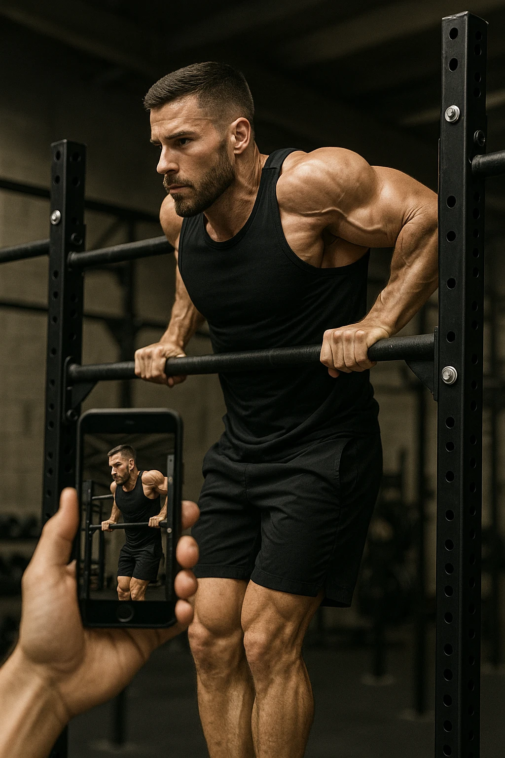 uomo che fa Muscle up e si sta filmando di lato con il telefonino che lo riprende mentre si allena, così da analizzarsi dopo emoji
