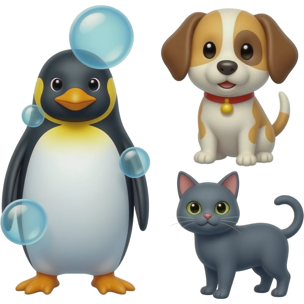 Penguin Bubbles with dog & gadgets & cat emoji