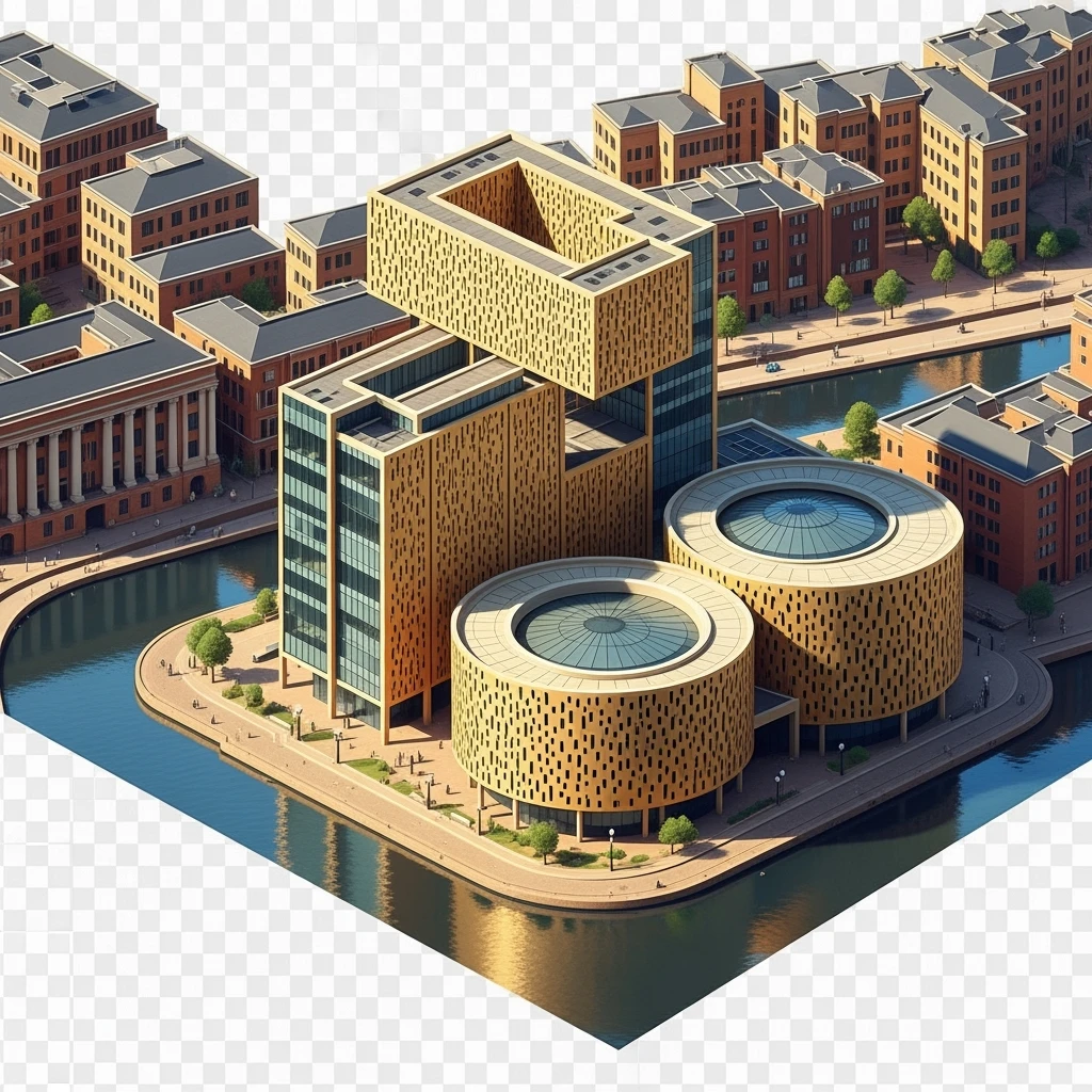 Isometric illustration of Birmingham, featuring the Library of Birmingham with its modern architecture and nearby canals, highly detailed in semi-realistic style, balanced between stylized and realistic, 3D miniature effect, transparent background. emoji