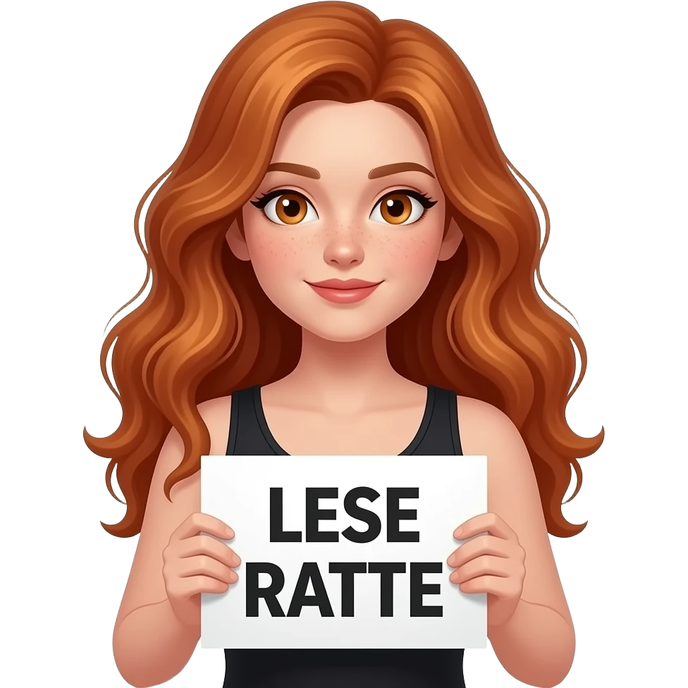sexy girl with long wavy ginger hair and ginger eyes wearing a black tanktop is holding a white sign with LESE RATTE written on it emoji