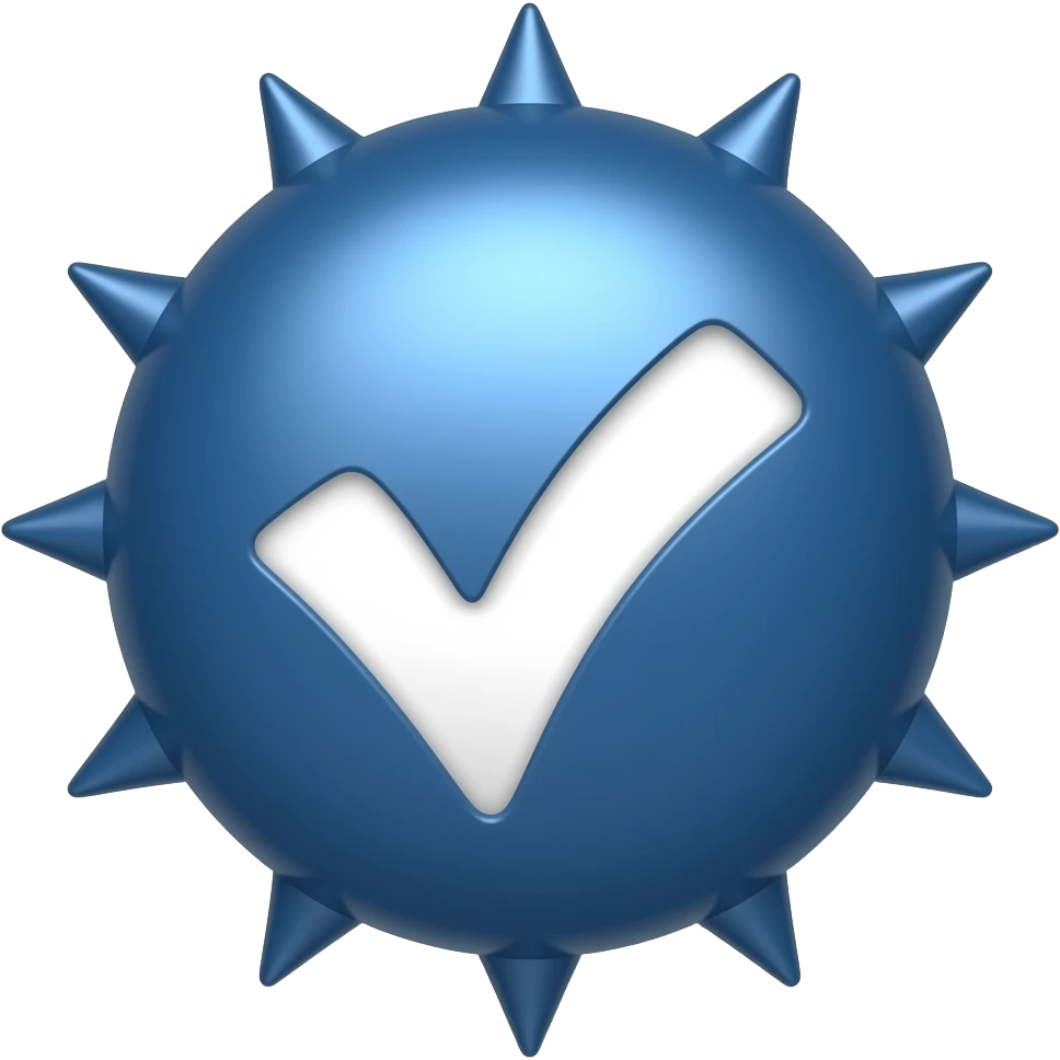 It is a small solid blue slightly curved 12 small spikes rounded seal containing a white tick. emoji