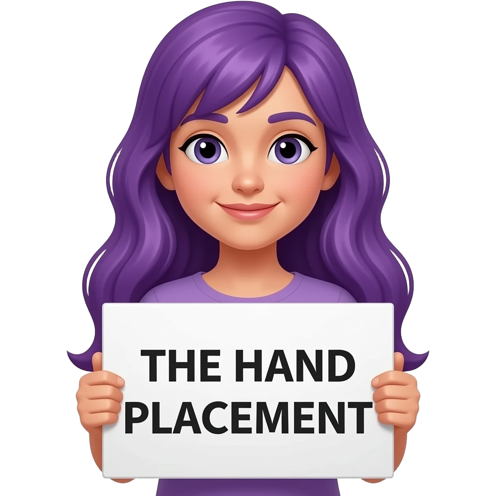girl with long purple hair with a THE HAND PLACEMENT sign emoji