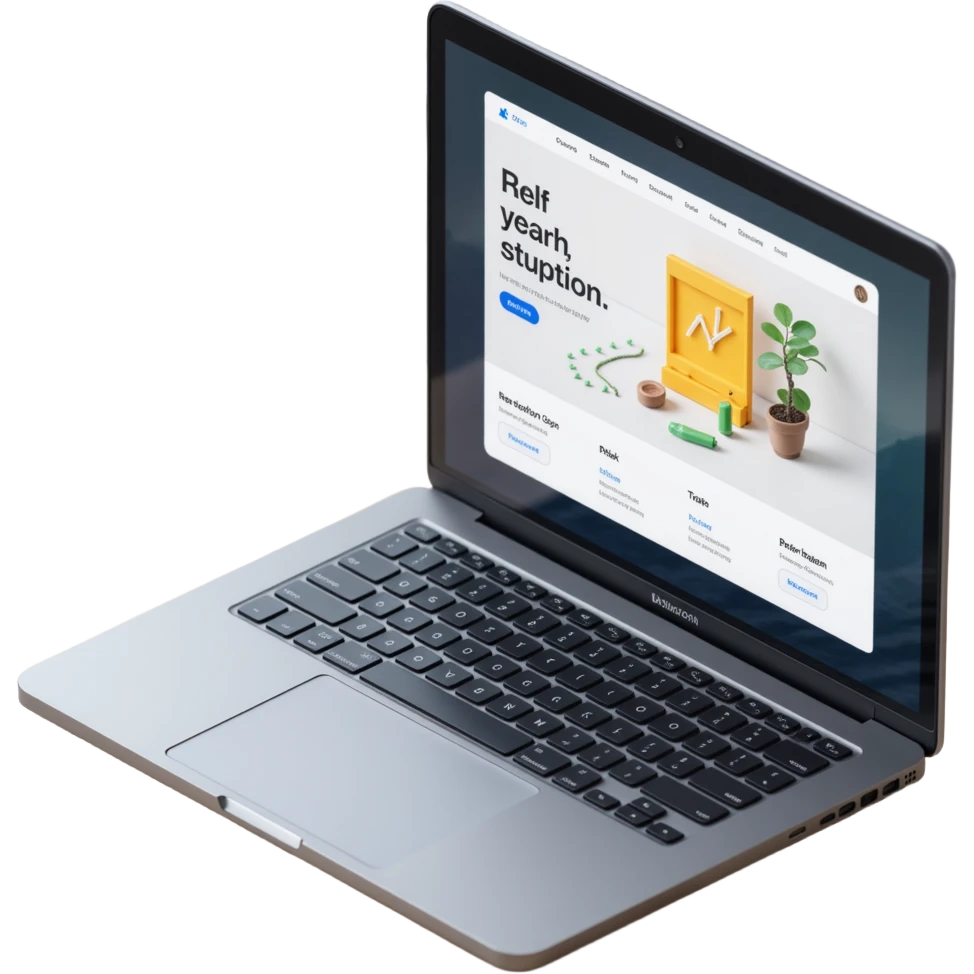 an open laptop with an online course on screen, skeuomorphism style, shiny metal, realistic shadows, tactile buttons, educational graphics emoji