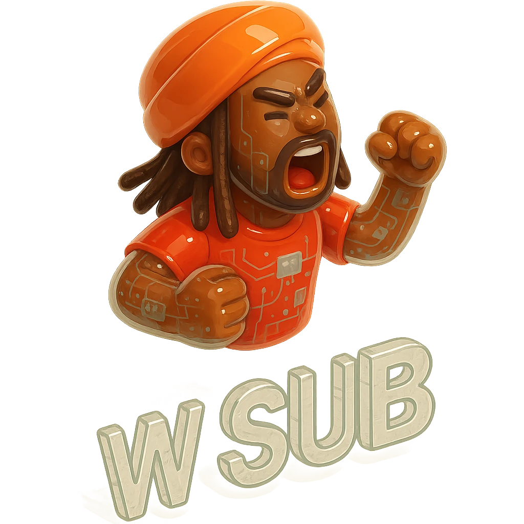 Brownskin man with long brown dreadlocks 
red  t-shirt 
orange turban 
expression is yelling 
Add the word W SUB emoji