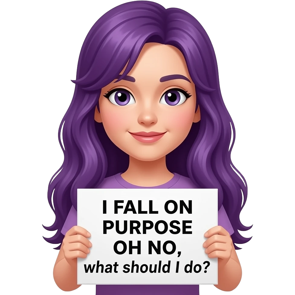 girl with long purple hair holding a I FALL ON PURPOSE OH NO, what should I do? sign emoji