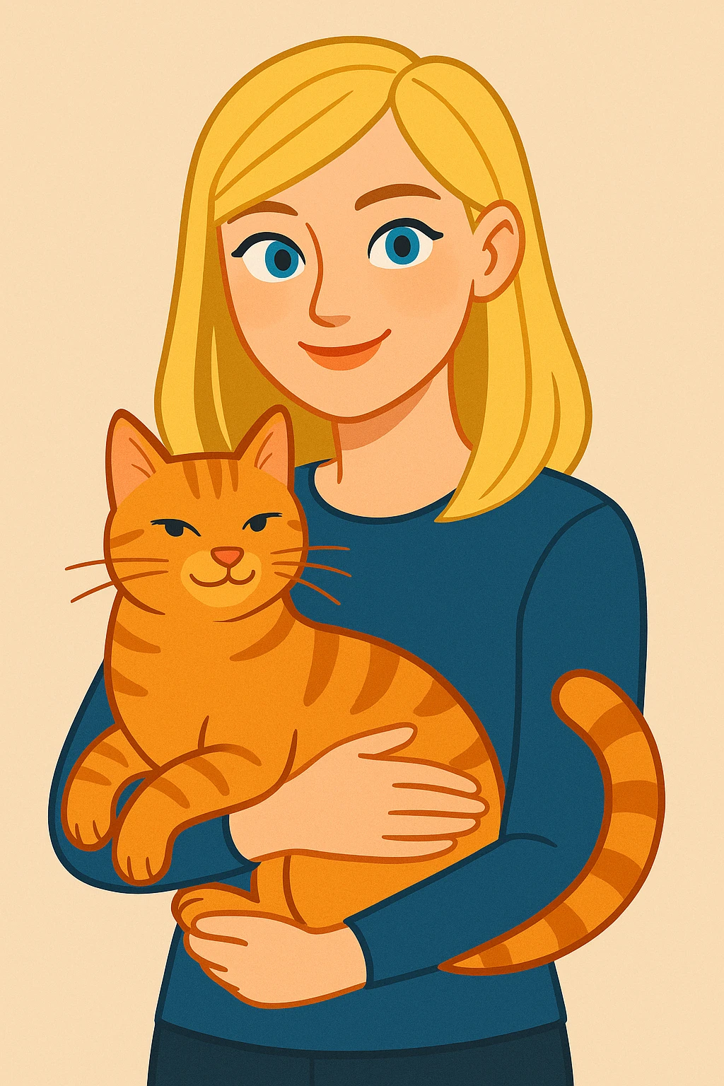 a blonde girl with blue eyes holding an orange tabby cat, modern illustration emoji