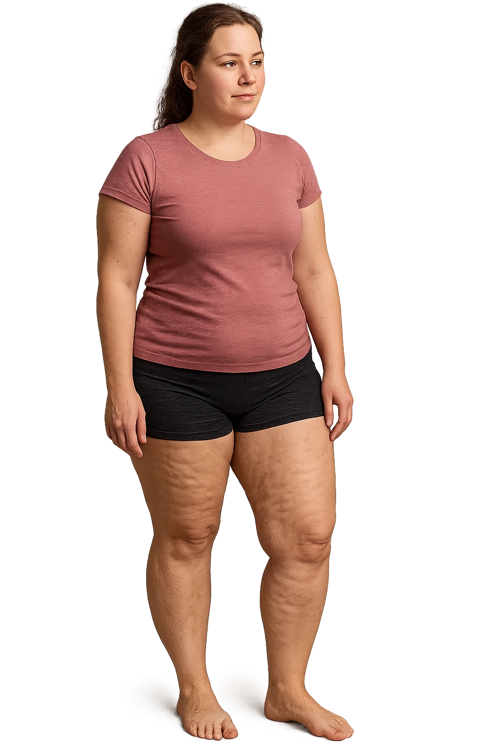 donna con inestetismi evidenti cellulite non troppo grassa e giovani sui 30 anni. in pantaloncini emoji