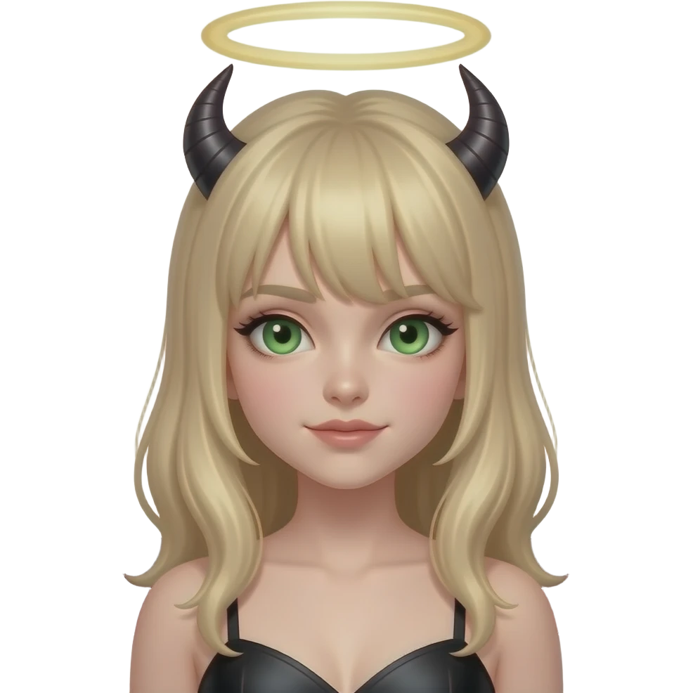 Make an emoji of a pretty, green eyes, blond hair without bangs, white girl with an angel halo, but devilish and dark everywhere else with dragon wings emoji