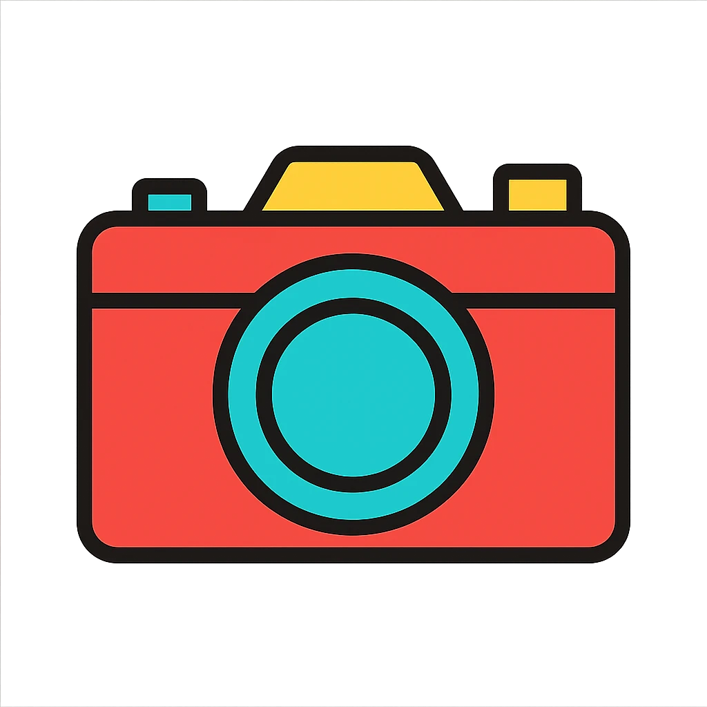 camera, flat color icon style, bold shapes, clean outline, minimal details emoji