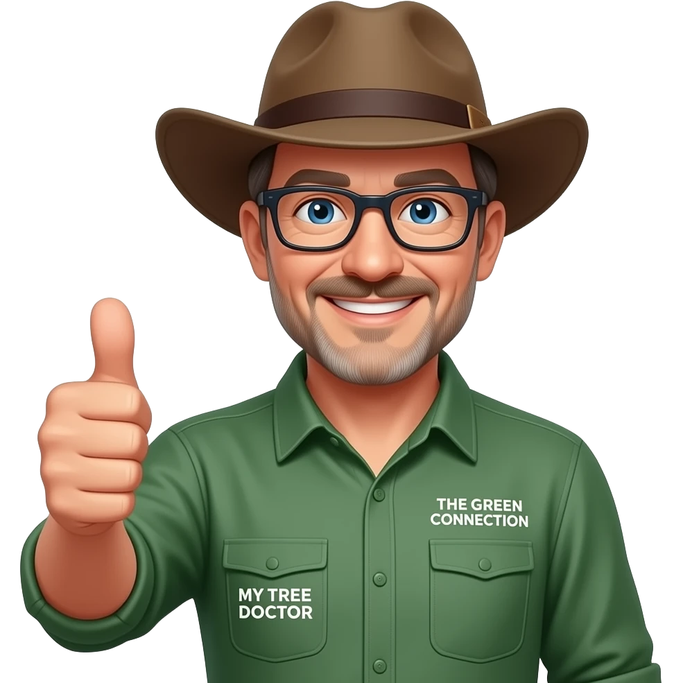 wide-smiling middle-aged man blue eyes. Dark rectangle glasses, green-collared, long-sleeve shirt, thumbs up.  Wide-brim brown Australian Akubru hat.  Insert 'THE GREEN CONNECTION' in white directly onto the right side pocket & 'MY TREE DOCTOR' onto the left side pocket emoji